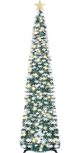 HMASYO Albero di Natale Artificiale da 150 CM con 50 Luci LED Calde - Fiocchi di Neve Pop Up Pieghevoli Paillettes Alberi di Natale Decorazioni Natalizie per Camino Home Office