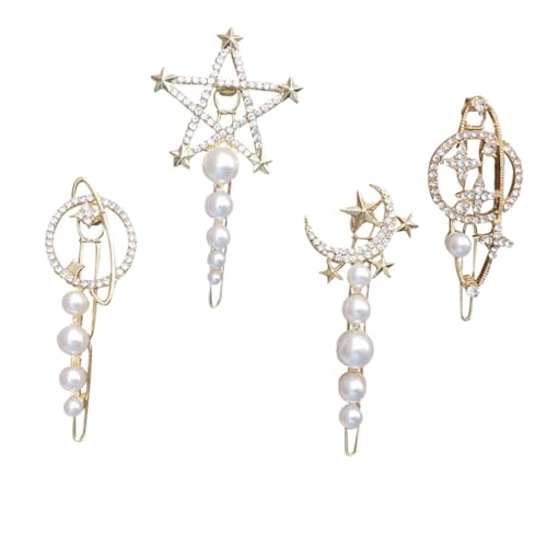 CALLARON 4 Piezas Planet Moon Batedpin horquilla luna estrella Boda clips de pelo de estrella oro horquilla de perlas para niñas Central de pelo de las mujeres aleación de zinc. Dorado