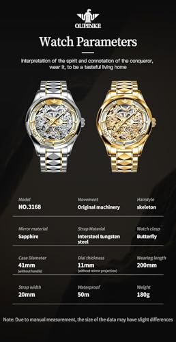Image of OUPINKE Automatic Watch for Men Self Winding Skeleton Mechanical Luxury Tungsten Steel Bracelet Waterproof Date Day Wrist Watches