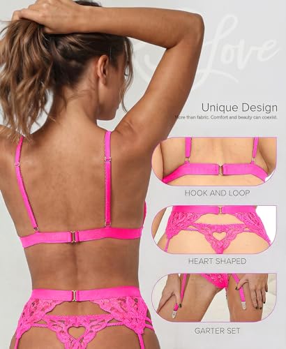 Image of RSLOVE Women Lingerie Set with Garter Belt | Heart Cutout Lace Design, Adjustable Fit, Soft Stretch Fabric, 3 Piece Romantic Lingerie Set