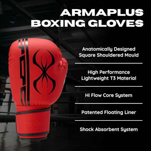 Image of STING Armaplus Boxing Gloves, Red, 12oz | T3 Outer Material and Floating Liner System | Hi Flow Core Padding | Square Shoulder Mould Design | Wrist Support Strap