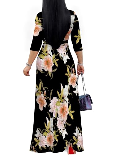 Image of SUZONANA Plus Size Dresses for Women Floral Print Maxi Dress Flowy 3 /4 Sleeve with Belt