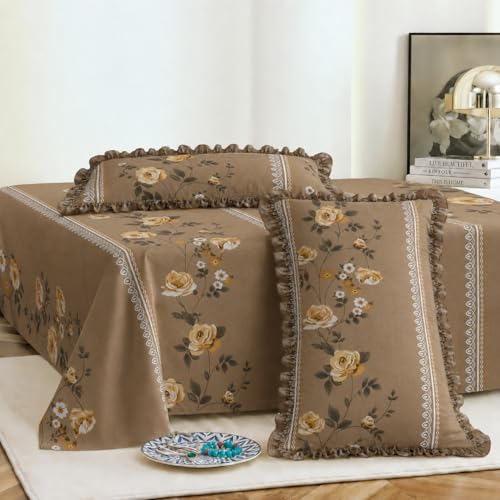 Image of VOMZER Cotton Feel King Size Flat Bedsheet for Double Bed, 1 Cotton Feel Bed Sheet Double Bed (90x100 Inches) with 2 Frill Pillow Cover, Beige Lily