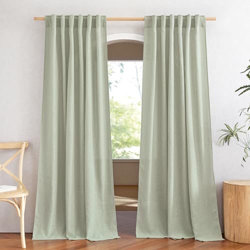 NICETOWN Sage Green Curtains for Living Room, Rod Pocket & Back Tab Natural Linen Blend Semi Sheer Window Treatments Privacy with Light Filtering for