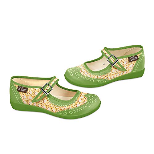 Image of Hot Chocolate Design Chocolaticas Funky Canvas Women's Mary Jane Flat Shoes, Havana Rattan Green, 3 UK