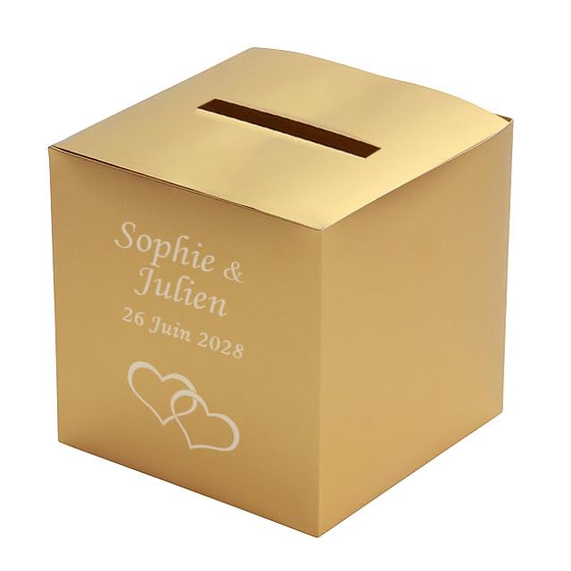 Générique Urne de Mariage Dorée Personnalisable en Carton Nacré, 24 x 24 cm avec Gravure des Prénoms et Date, Tirelire Mariage en Or