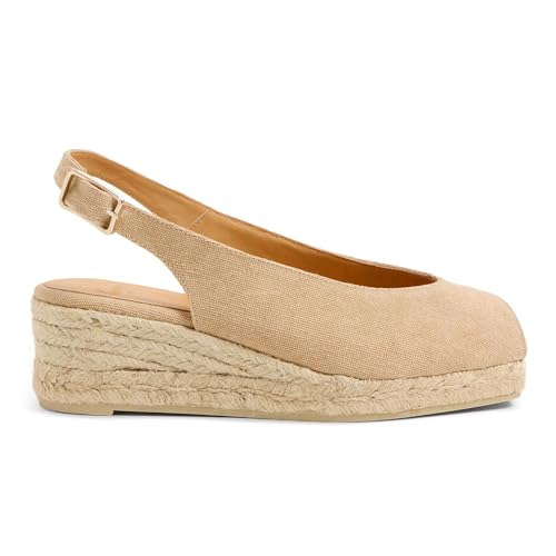 Castañer · Alpargata Destalonada DOSALIA/3/002 Estilo Peep-Toe en algodón orgánico Lavado con cuña de 5cm - Mujer Color: Arena Talla: 38