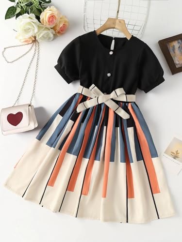 Image of ASHIKTA Enterprise Girls Dress | Black Top with Multicolor Pleated Skirt & Bow | Stylish Kids Frock for Birthday & Casual Wear