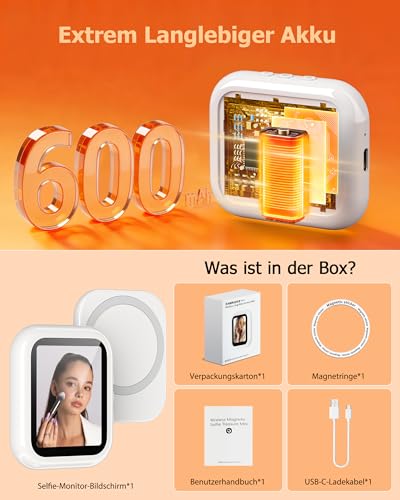 SOCLLLife Handy Selfie Monitor für i-Phone/Android, Kabellos Magnetischer Vlog Selfie Monitor Bildschirm, Wireless Tragbar Smartphone Rückkamera Screen für Tik-Tok, Li-ve, YouTube, 2 Std. Akku, Weiß