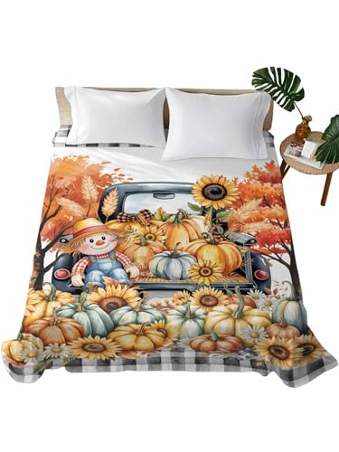 King Size Flat Sheet Only, Thanksgiving Pumpkin Sunflower Farm Truck Bed Top Sheet Soft Microfiber Breathable Bedding Flat Sheets, Orange Maple Tree Top Sheets Hotel Luxury