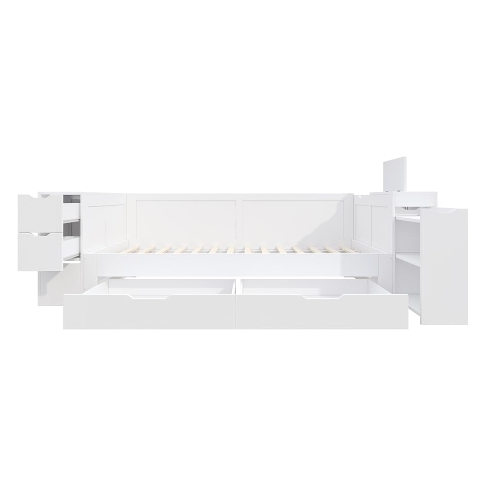 PUGSDRLY Lit Daybed Simple 90 x 200 cm, lit d'enfant Multifonctionnel avec tiroirs, étagères et Espace de Rangement, Bed Frame avec Table de Nuit,avec Espace de Rangement, sans Matelas, Blanc