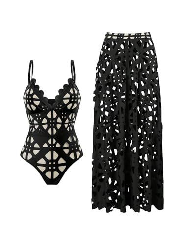 Maillot de bain 2 pièces ajouré noir XL avec jupe couvrante pour femme