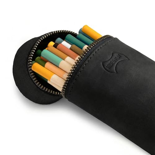 Image of Hide & Play, Pencil-Shaped Case for Pens, Pencils, Markers, and Office Accessories, Zippered Bag, Pen Storage, Full Grain Leather, Handmade (Charcoal Black)