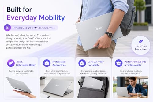 Image of Acer One 15 Laptop (AO15-41M-G2) | AMD Ryzen 3 7320U Processor | 8GB LPDDR5 RAM | 512GB NVMe SSD | 15.6 inch Full HD IPS Display | Windows 11 Home | HD Webcam | Long Battery Life.