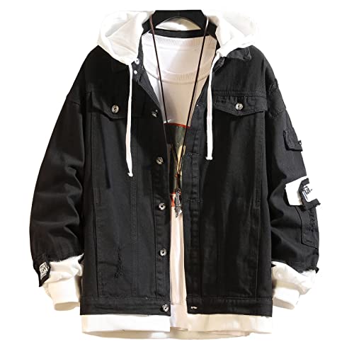 babyhealthy Men Denim Jacket with Hood Casual Button Down Jean Trucker Jacket Hoodies