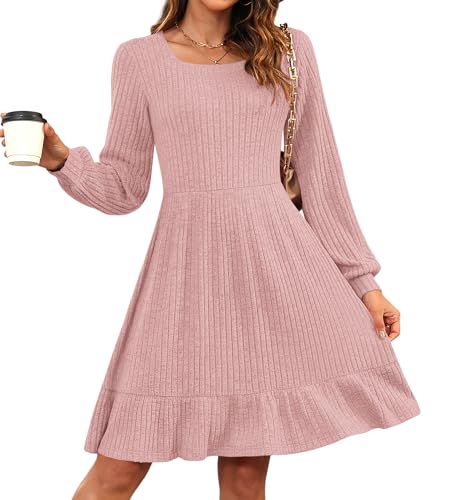 AUSELILY Damen Strickkleid Herbst Pulloverkleid Langarm Kleid Outfit Winterkleider,Rosa L