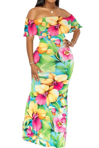 Women's Sexy Off Shoulder Maxi Dress Hawaiian Floral Evening Gown Long Dress