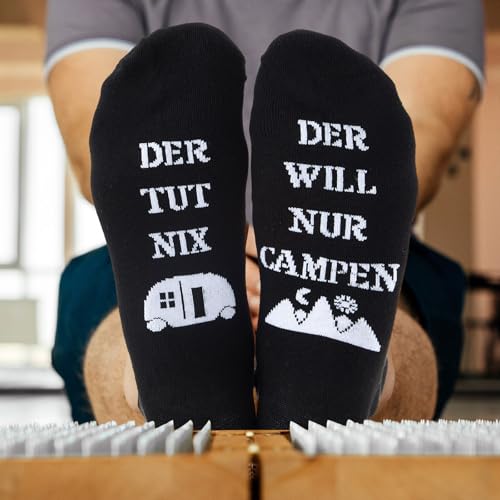 Jadive 2 Stück Camping Geschenke 1 Paar Camping Socken und 1 Wohnwagen Schlüsselanhänger Lustiges Camping Zubehör für Männer Frauen Reise Camping Liebhaber Geburtstag Geschenke(Schwarz,39-46)