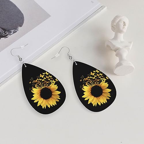 Yellow Sunflower Flower Earrings For Women Jewelry Lightweight Faux Leather Teardrop Drop Dangle Earrings4