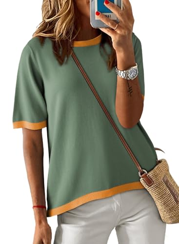 Image of Dokotoo Womens Tops 2026 Casual Summer Crewneck Short Sleeve Striped Color Block Knit High Low Trendy Pullover Sweaters