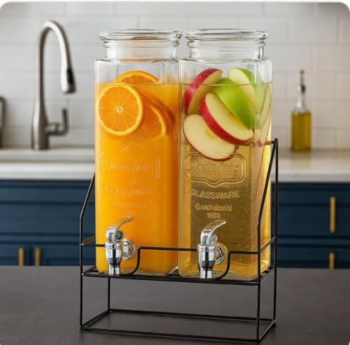 ALozziiHom Double Juice Dispenser with Stand 2.2 Litre Each (Total 4.4 L) with Airtight Lid Stand and Tap Twin Beverage Dispenser with Tap 4.4 Liter 4.4L Drinks Dispenser 4.4 L Water Pitcher
