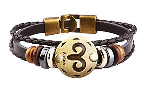 Axgo Retro 12 Zodiac Constellation Alloy Leather Hand Woven Braided Rope Bracelet Punk Chain Cuff, Aries #TOP8