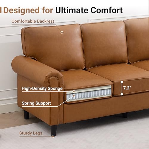 Image of Kingfun Faux Leather 3 Seater Couch, Mid Century Modern Sofa with Rolled Arms and Deep Seats, Fluffy Comfort for Living Room, Apartment, Easy Assembly, Brown