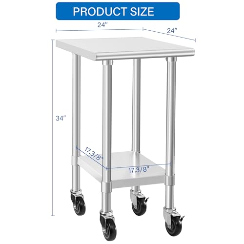 Image of HARDURA Stainless Steel Commercial Table Prep & Work Table with Casters Heavy Duty Metal Table with Wheels NSF 430 24x24 Inches