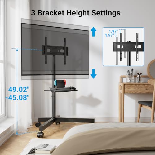 Image of PERLESMITH Rolling TV Stand for 26-65 Inch TVs up to 88 lbs, Mobile Outdoor TV Stand with Shelf & Large Base, Tilt TV Stand with Wheels, Portable TV Cart for Bedroom, Max VESA 400x400mm, PSTVMC06B-B