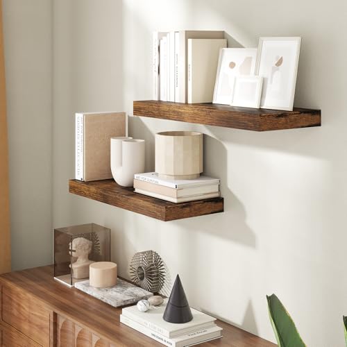 Image of 24 Inch Floating Shelves for Wall, 8 Inch Deep Floating Shelf for Storage & Display, Wall Mounted Shelf with Invisible Brackets for Living Room, Kitchen, Bathroom, Home Decor, Set of 2, Rustic Brown