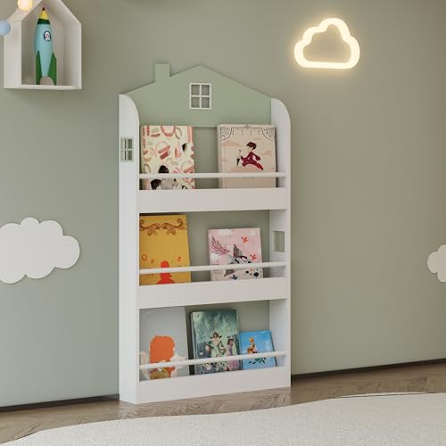 [en.casa] Librería Infantil Vipsali de 3 Niveles Estantería Independiente o Mural con 3 Compartimentos y Barras de Seguridad Dormitorio Habitación Infantil 48 x 61 x 30 cm - Verde Menta/Blanco