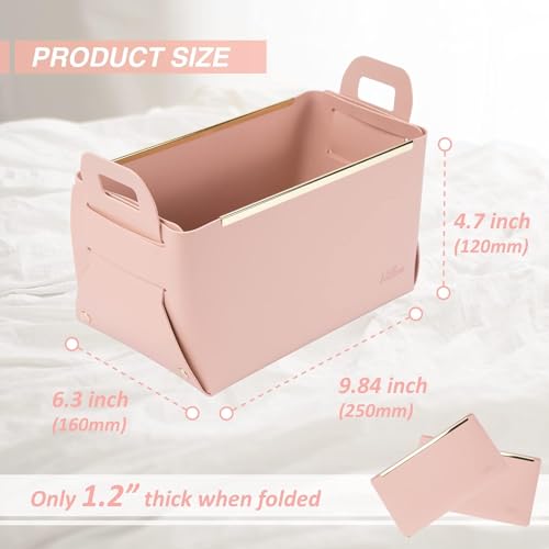 Image of Leather Portable Small Storage Basket for Desktop, Rectangle Decorative Box with Two Handles for Organizing, Storage Bin for Snack Sundries Cosmetics Stationery, 9.45''L5.5''W5.12''H (Pink)
