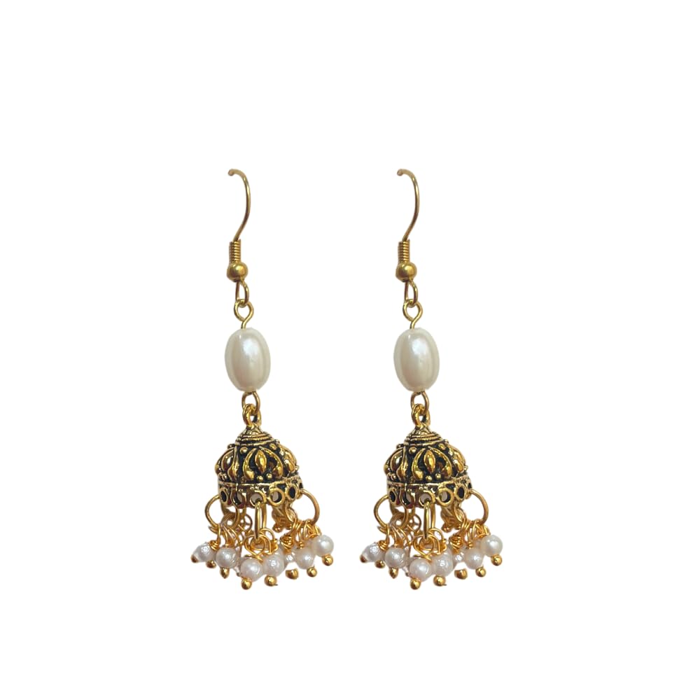 Antique Gold Jhumka Earrings with White Accents for Women and Girls | 1 pair | Handmade and Unique (B0DG2ZB46J) Amazon Price History, Amazon Price Tracker