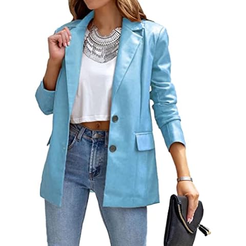 shownicer Damen PU-Leder Blazer Langarm Knopfleiste Cover