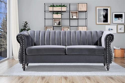 Image of Modern & Classic Chesterfield Sofa 5 Seater Sofa Velvet L-Shape Corner Sectional Button Tufted Sofa for Living Room, Dining Room, Office and Hallway-(Grey).