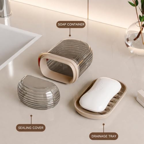 Image of Wall Mounted Soap Box with Flip Cover and Drain Tray | Detachable Inner Support | Adhesive Sticker Installation | ABS Soap Holder for Bathroom (1 pcs Transparent Soap Dish Box)