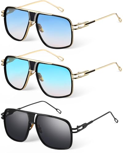 Image of Frienda 3 Pairs Retro Sunglasses for Men Oversized Men Shades Glasses Fashion Alloy Metal Gold Frame Polarized Sun Glasses