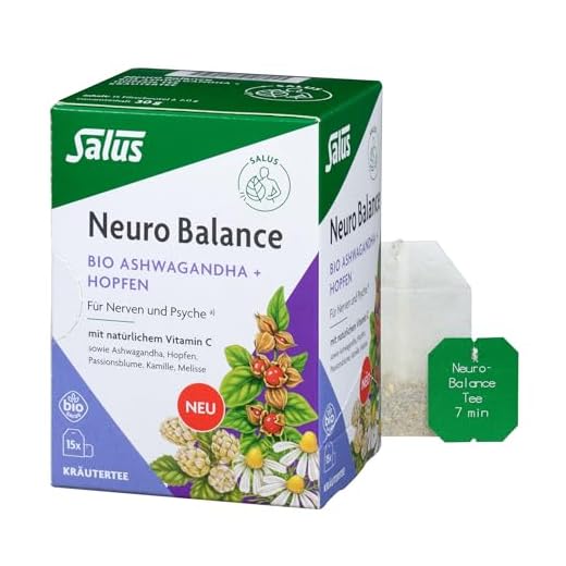 Salus – Neuro Balance Bio Ashwagandha + Hopfen Tee – 1x 15 Filterbeutel (30 g) – Für Nerven und Psyche – mit Vitamin C, Ashwagandha, Hopfen, Passionsblume und Kamille – für entspannte Auszeiten – bio
