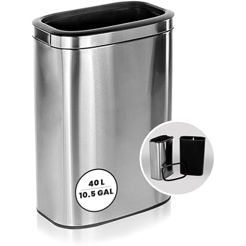 Alpine 40 Liter Stainless Steel Slim Trash Can Open Top - 10.5 Gallon Narrow Kitchen Trash Can No Lid, Modern, Brushed & Durable Metal Slender Garbage Can with No Leak Removable Bin & Lid in Bathrooms Cover