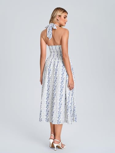 Image of Parthea Women's Floral Halter Corset Midi Dress 2026 Elegant Smocked Flowy Wedding Guest Dresses with Pockets