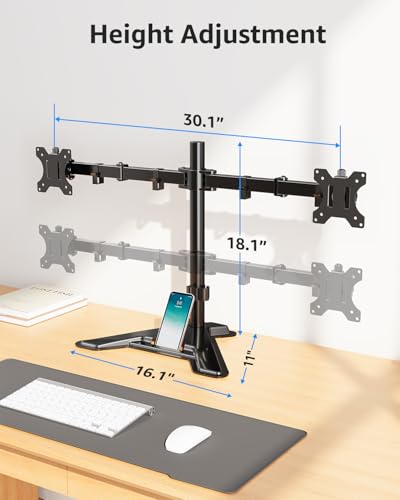 Image of MOUNTUP Dual Monitor Stand - Freestanding & Height Adjustable Monitor Desk Mount, Steady VESA Mount Holds Max 17.6 lbs, Computer Monitor Stand for 2 Screens up to 27 inches, for Home Office