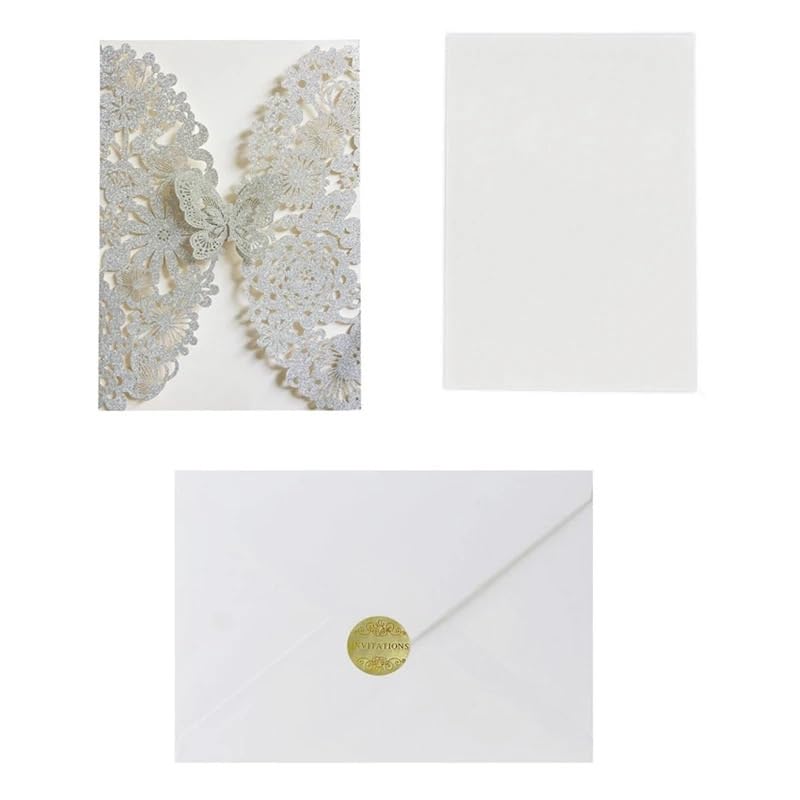 Hochzeitskarte 20 Set Schmetterling Einladungskarten Spitze Hochzeitseinladungen mit Umschlägen(Silver)
