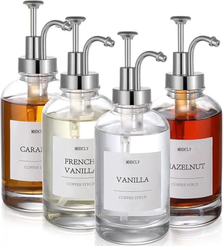 MHDCLY Coffee Syrup Dispenser Coffee Bar Accessories Set of 4 Syrup Dispensers 500ml Glass Bottles 24 Labels and Funnel & Pump Silver