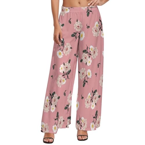 VOSERY Rose Flowers Pink Palazzo Pants for Women, Comfy Womens Wide Leg Baggy Pants, Casual Lounge Pants for Women