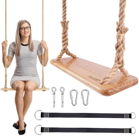 Hanging Wooden Tree Swing with Adjustable Hemp Rope and Tree Straps