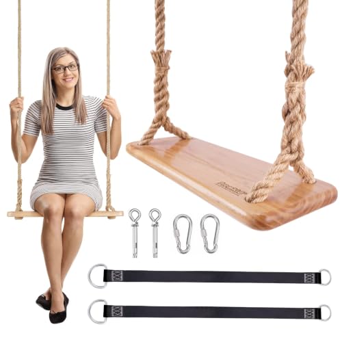 Premkid Hanging Wooden Tree Swing with Adjustable Hemp Rope and Tree Straps