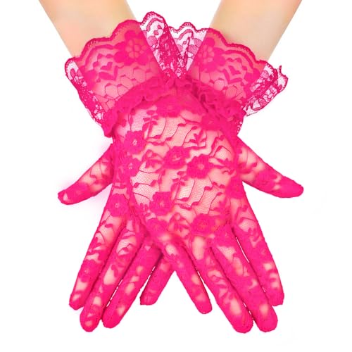 Qincycle Rose Pink Lace Glove for Women Costume, Tea Party Gloves Vintage Short Lace Opera Gloves for Opera Wedding Dinner 1920s Party