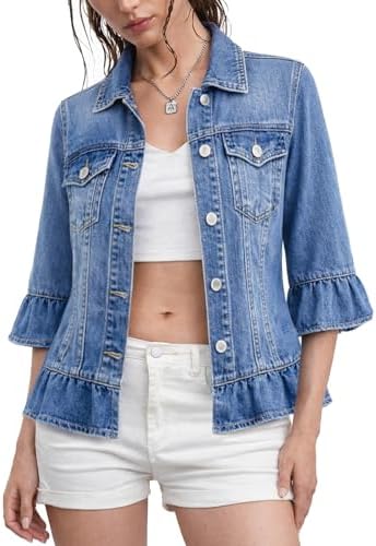 Kedera Denim Jacket for Women 3/4 Ruffle Sleeve Blue Jean Jacket ...