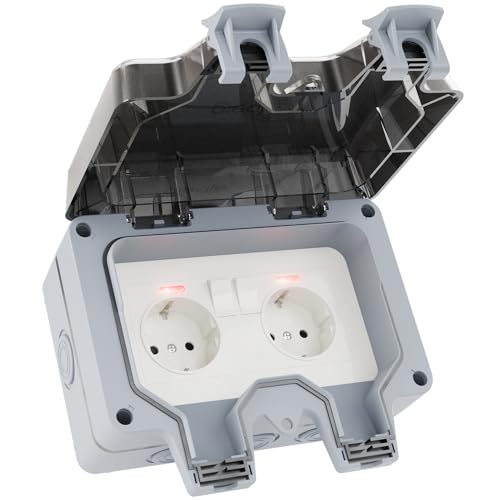 greate abschließbare Außensteckdose wasserdicht Garten mit Schalter - 2fach Aussensteckdose wasserdicht IP66, schaltbare Aussensteckdose, wasserdichte Steckdose, Outdoor Steckdose wasserdicht außen