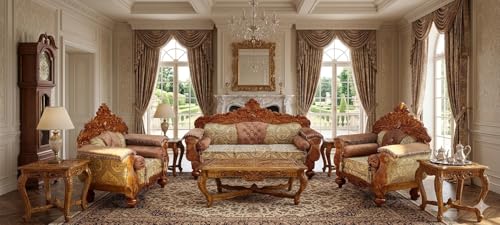 Image of Wooden 5 Seater Sofa Set with Center Table | 3+1+1 Solid Wood Hand-Carved Brown Sofa with Traditional Design Furniture for Living Room | Home | Office